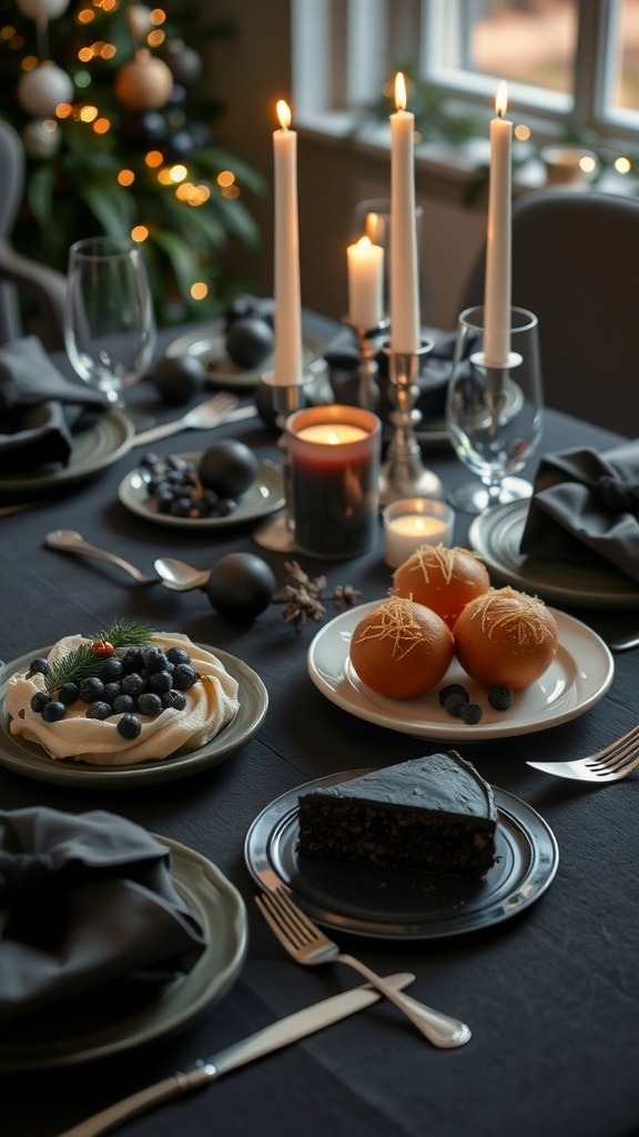 A beautifully set black-themed Christmas dinner table with elegant dishes and candlelight.
